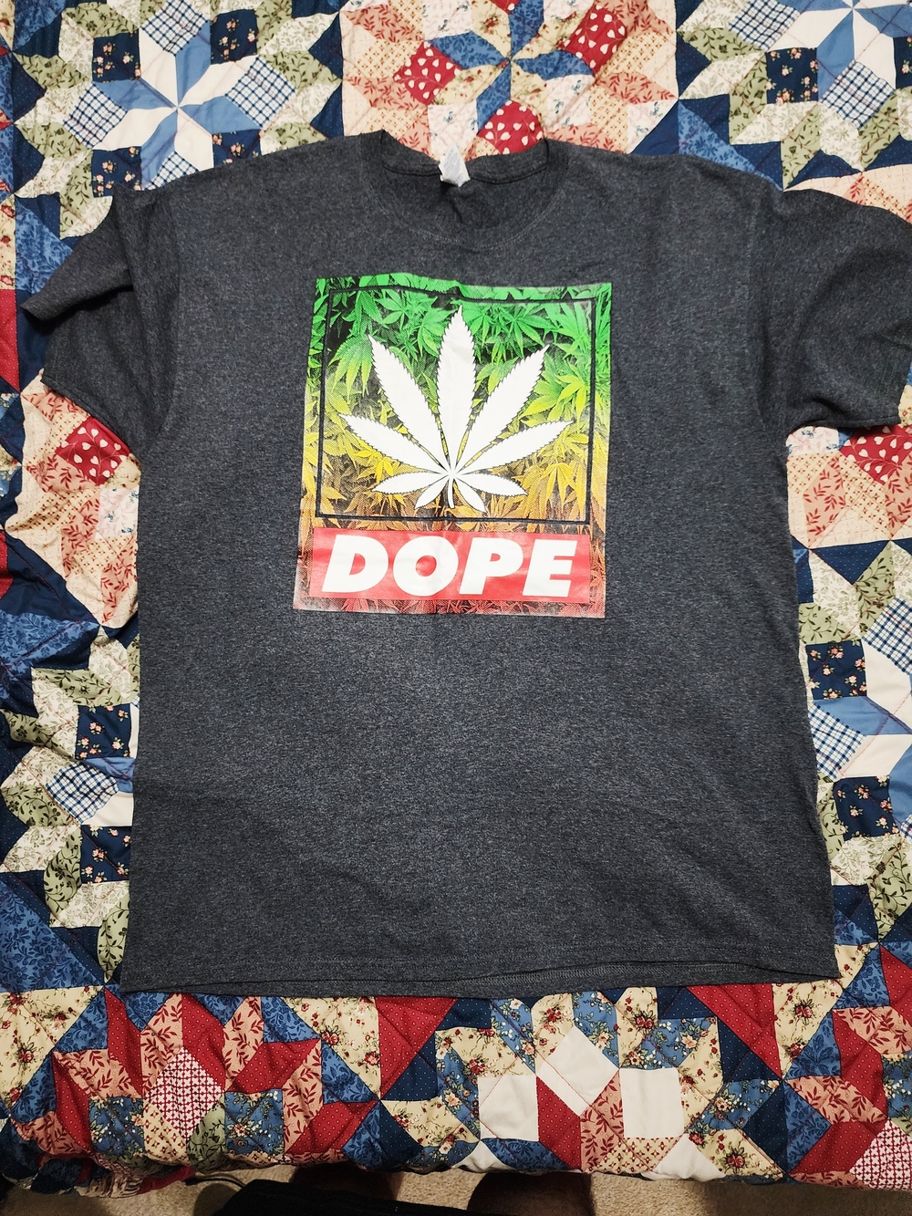 DOPE Charcoal Tee with Green, Yellow & Red Rasta Leaf Graphic
